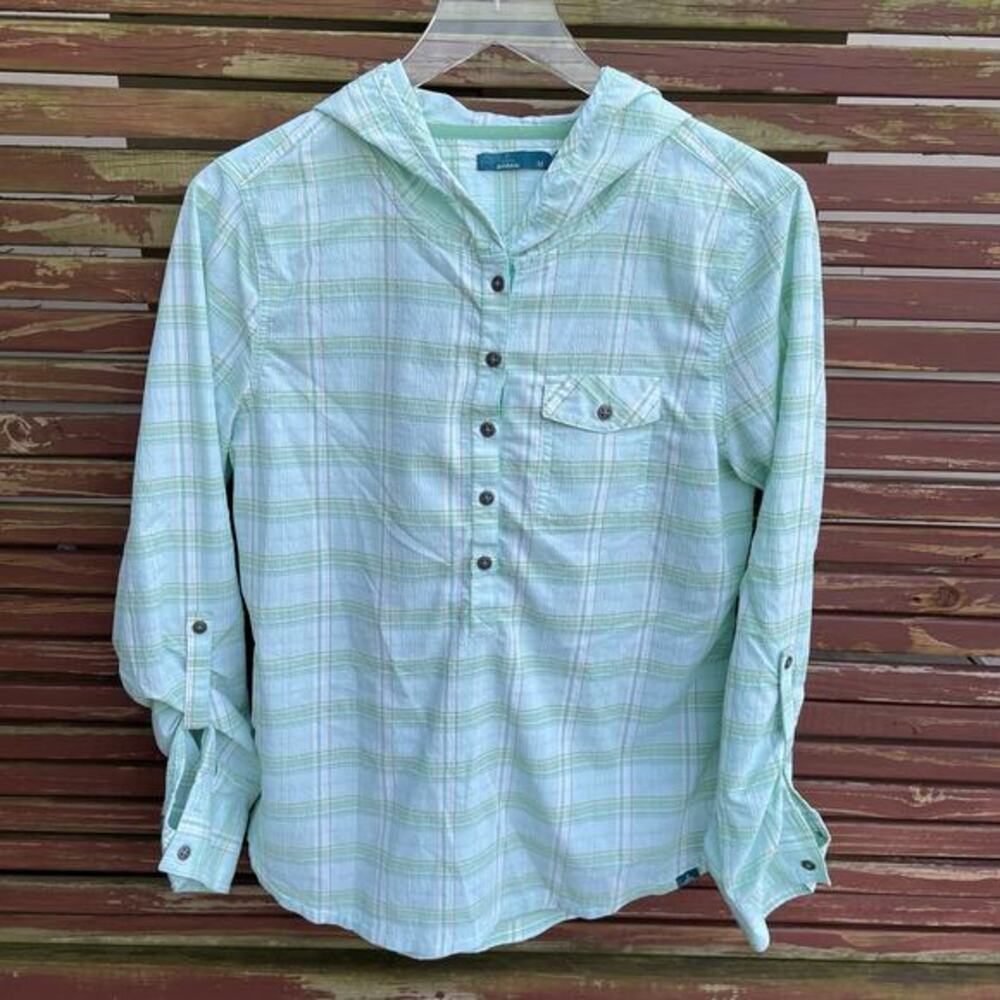 Prana Top Anja Plaid Hooded Long‎ Sleeve Top Chest Pocket Green Medium